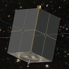 An illustration of the Dark Ages Polarimeter Pathfinder, or Dapper, spacecraft orbiting past the far side of the moon.