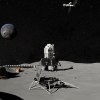 Artist illustration of a Lunar base with equipment