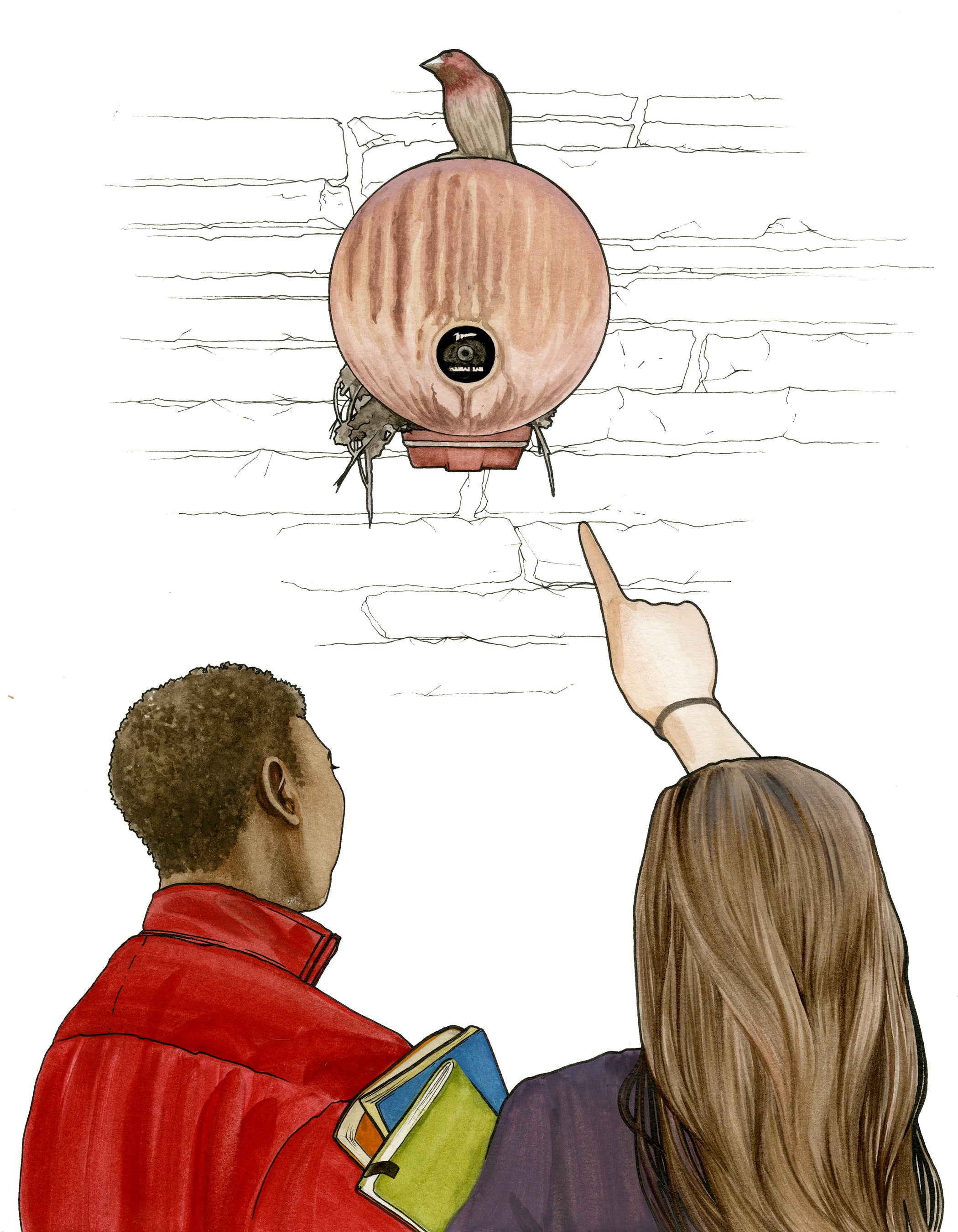 two students looking at nesting house finch on top of old fire alarm