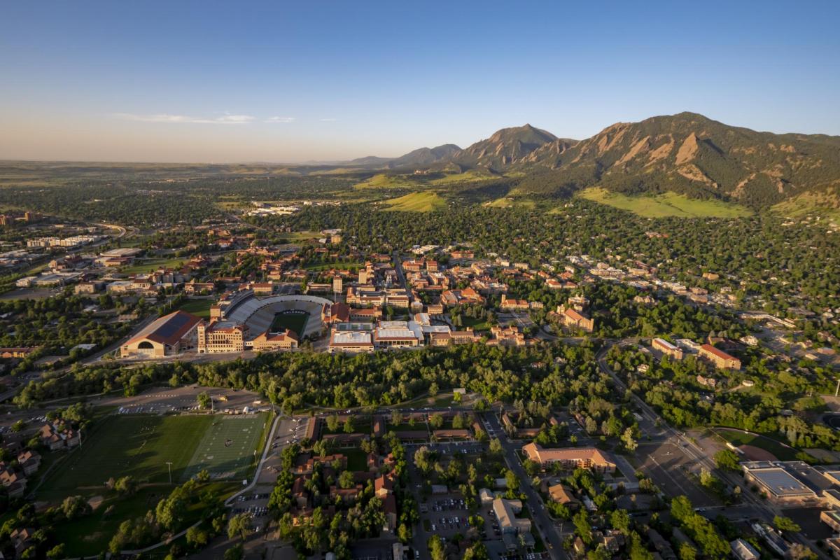 Aerial view of CU Boulder and the Flatirons