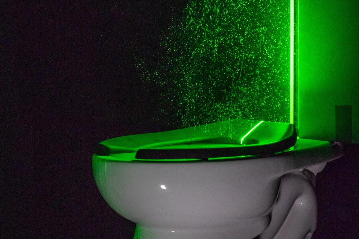 A powerful green laser helps visualize the aerosol plumes from a toilet