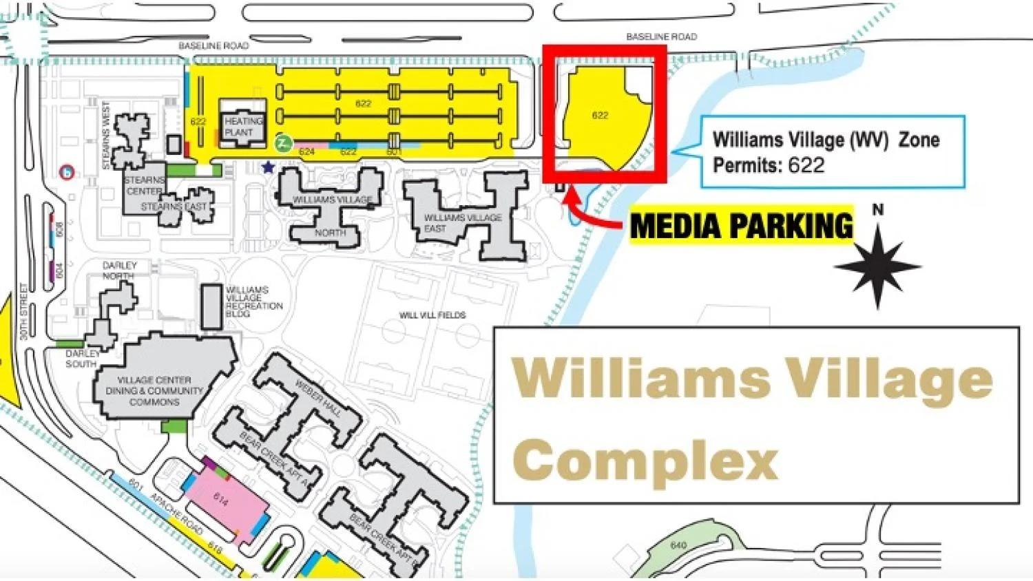 Williams Village Map with media parking highlighted