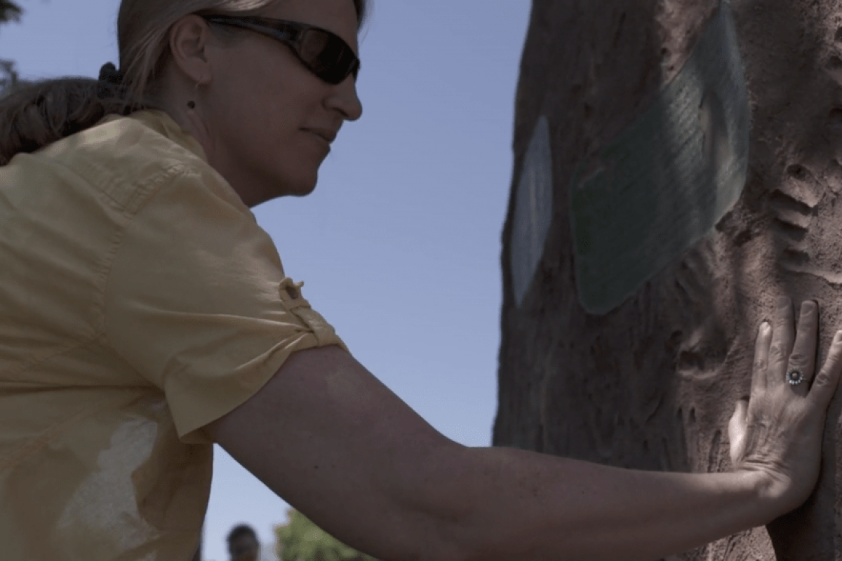 Teacher interacts with Latinx mural in Longmont Colorado