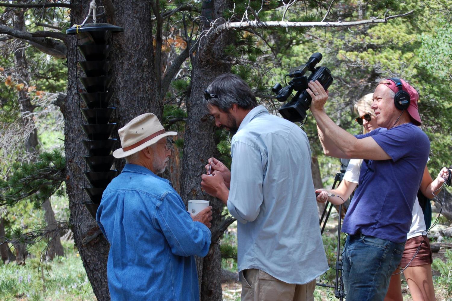 camera crews gather around a man examining pine beetles on a tree