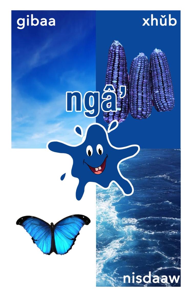 poster of blue items with Zapotec translations