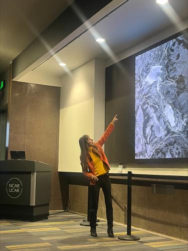 A woman points to a photograph that is projected onto a large screen in front of an audience.