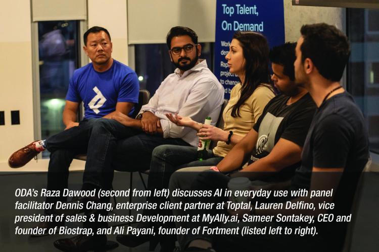Image: ODA’s Raza Dawood (second from left) discusses AI in everyday use with panel facilitator Dennis Chang, enterprise client partner at Toptal, Lauren Delfino, vice president of sales & business Development at MyAlly.ai, Sameer Sontakey, CEO and founder of Biostrap, and Ali Payani, founder of Fortment (listed left to right).