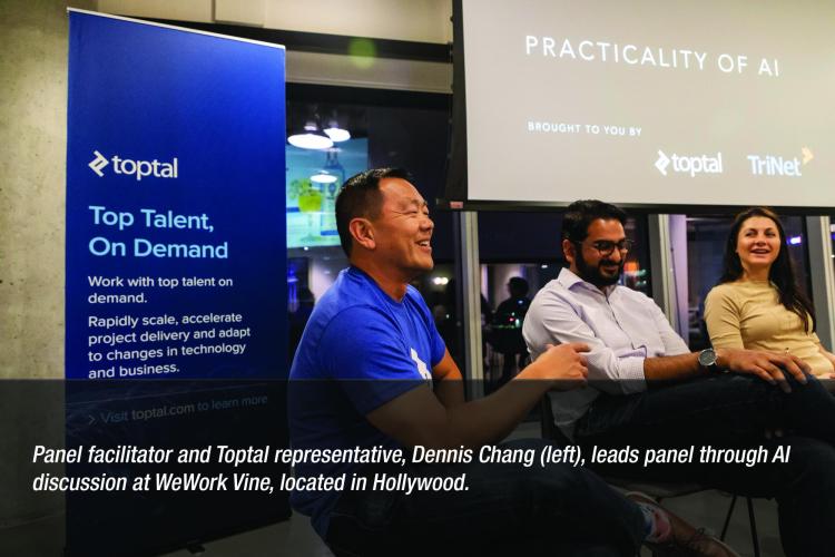 Image: Panel facilitator and Toptal representative, Dennis Chang, leads panel through AI discussion at WeWork Vine, located in Hollywood.