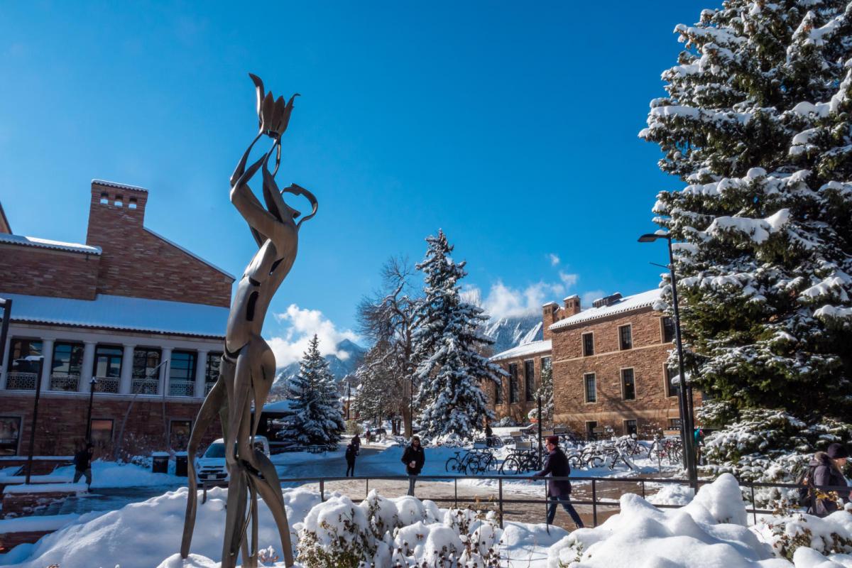 UMC fountain area blanketed with snow.