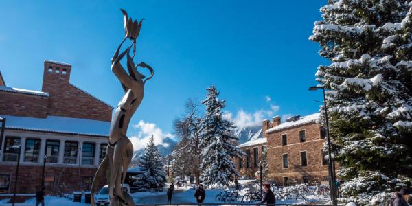 UMC fountain area blanketed with snow. 