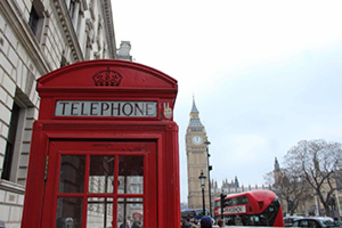 Cityscape of London with a red phone booth