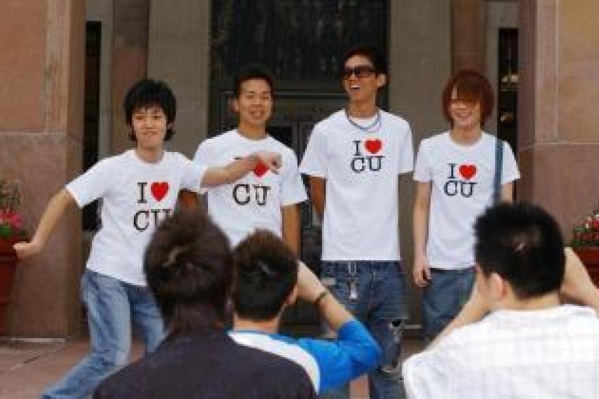 international students in I heart CU shirts