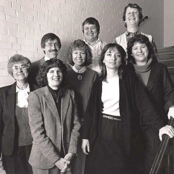 Study Abroad and OIE Central Staff in 1988 - Jeannette Bell, Michael Delaney, Kim Kreutzer, Jean Huss, Nancy Stubbs, Sylvaine Montaudoiun, Jean Delaney, Laurie Watkins