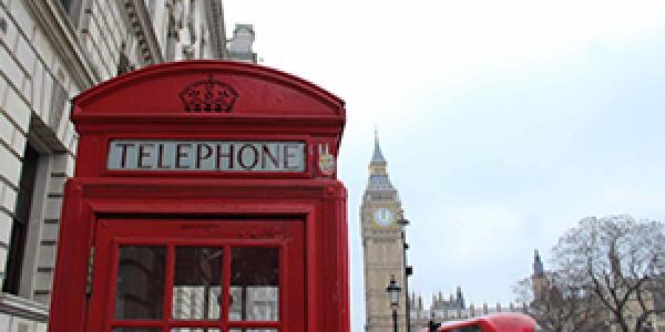 Cityscape of London with a red phone booth