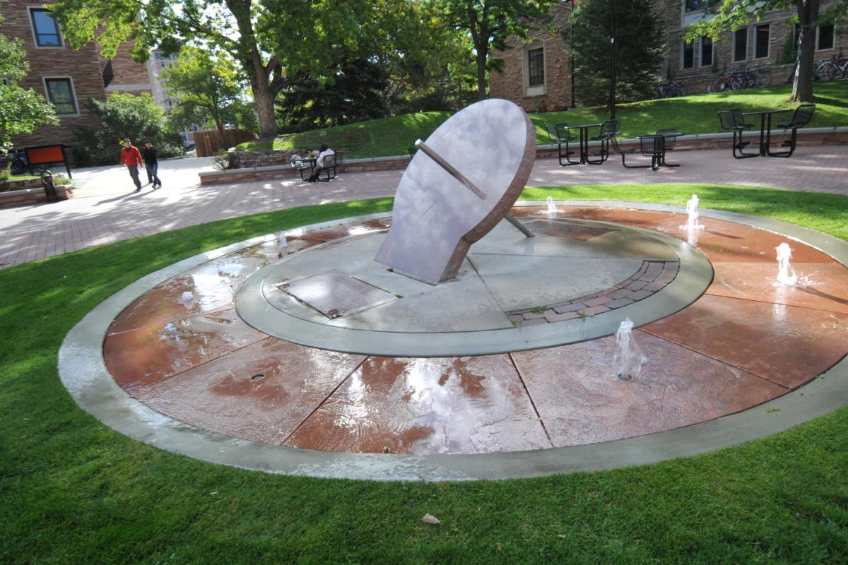 CU Boulder, sundial, water fountain