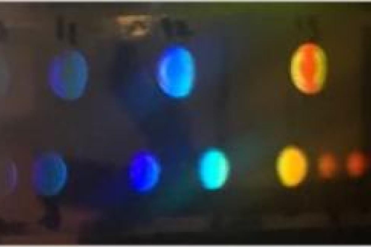 Transmission holograms of various periods recorded in a thin layer of holographic photopolymer held between glass slides.