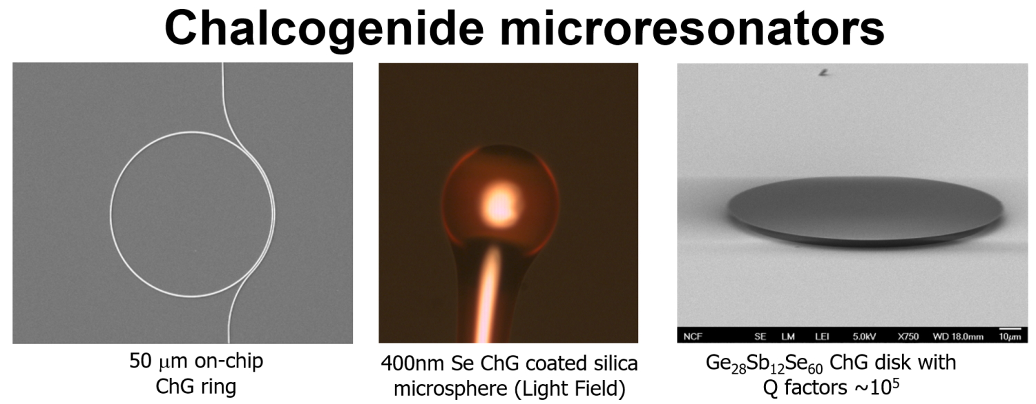 Three images showing different types of chalcogenide microresonators