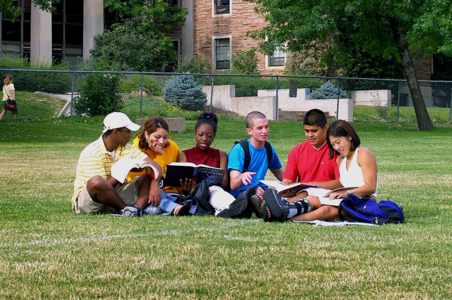Students sitting outside studying