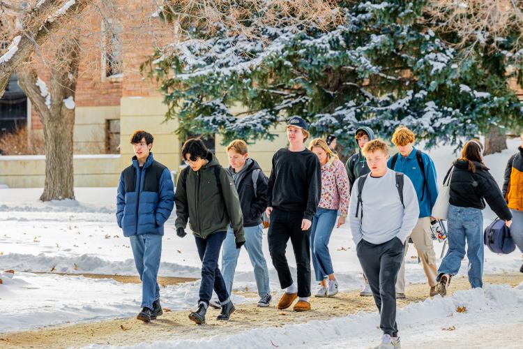 Students walking on a snowy campus