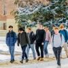 Students walking on a snowy campus