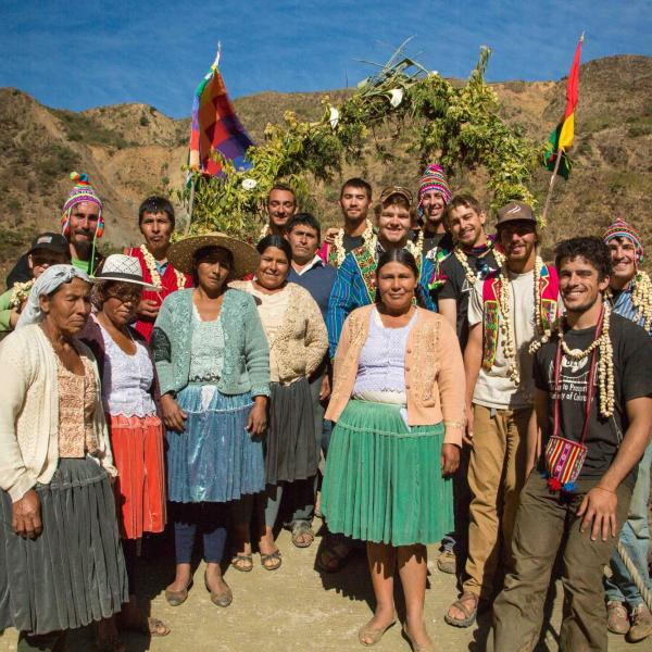 Community in front of finished bridge