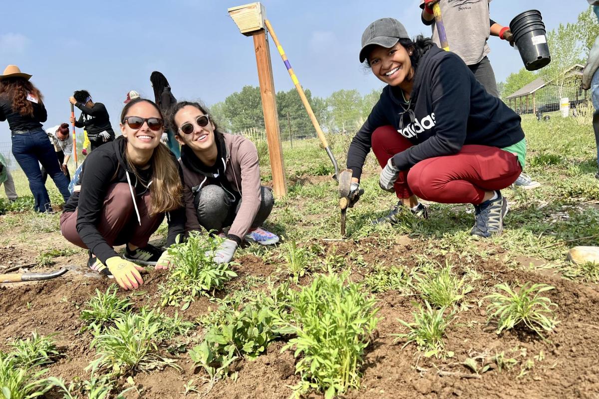 a group of girls smile for a photo while they garden