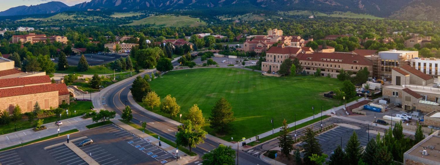 aerial view of CU Boulder campus and flatirons