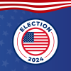 Blue background with stars, a red and white wave border, and a circular emblem featuring the U.S. flag with the text "Election 2024".
