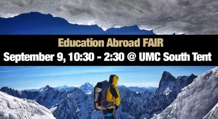 student standing in snowy landscape with text about ed abroad fair