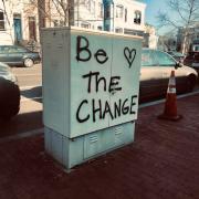 street box with Be The Change graffiti 