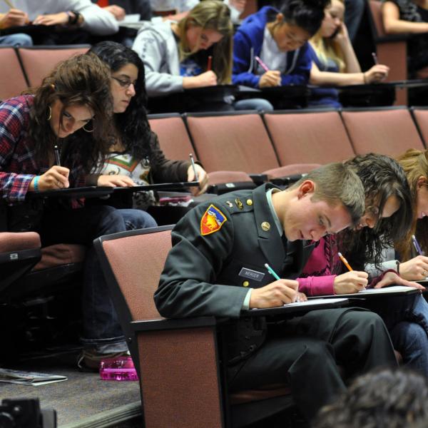 Military student sitting in class