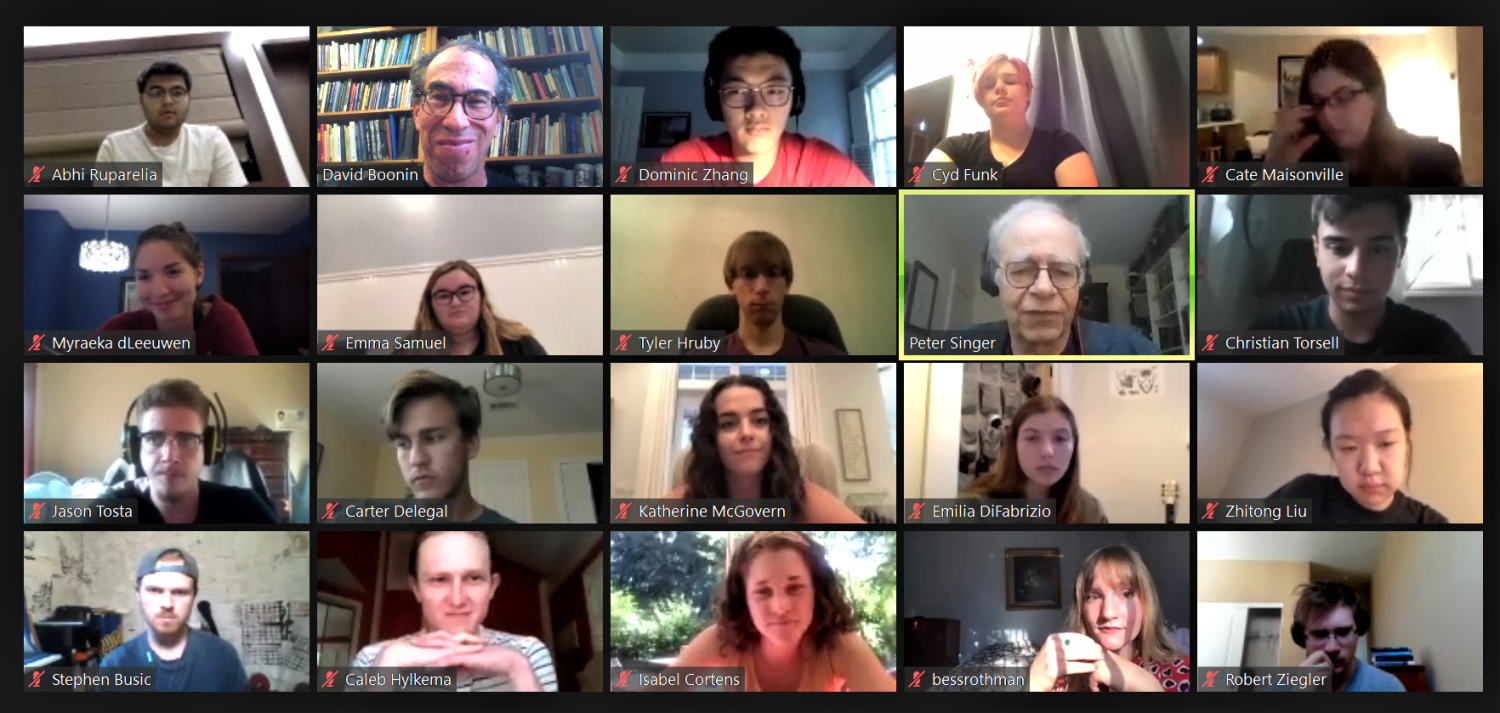 Peter Singer leads an online Zoom discussion, Summer 2020