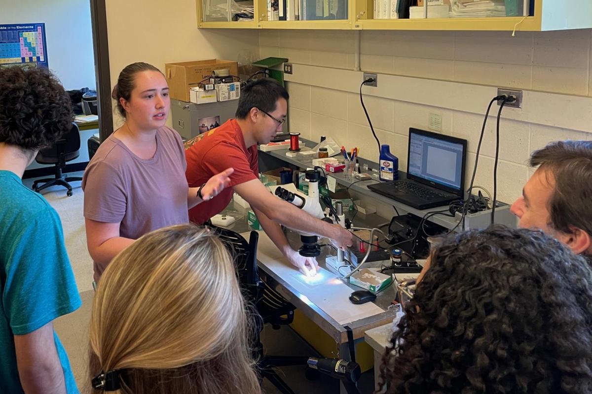 Students learning how to use lab equipment