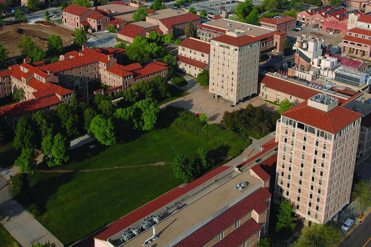 Aerial Shot of the CU Boulder Campus, highlighting the DUANE Physics Building and JILA