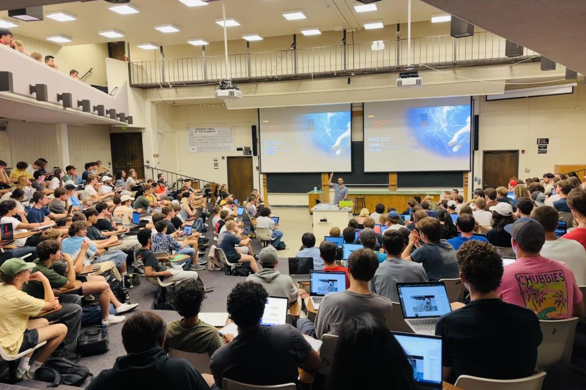 Physics lecture hall with professor and students