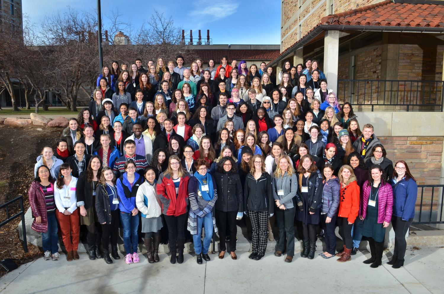 Group photo of 2017 Boulder CUWiP attendees oustide Duane Physics