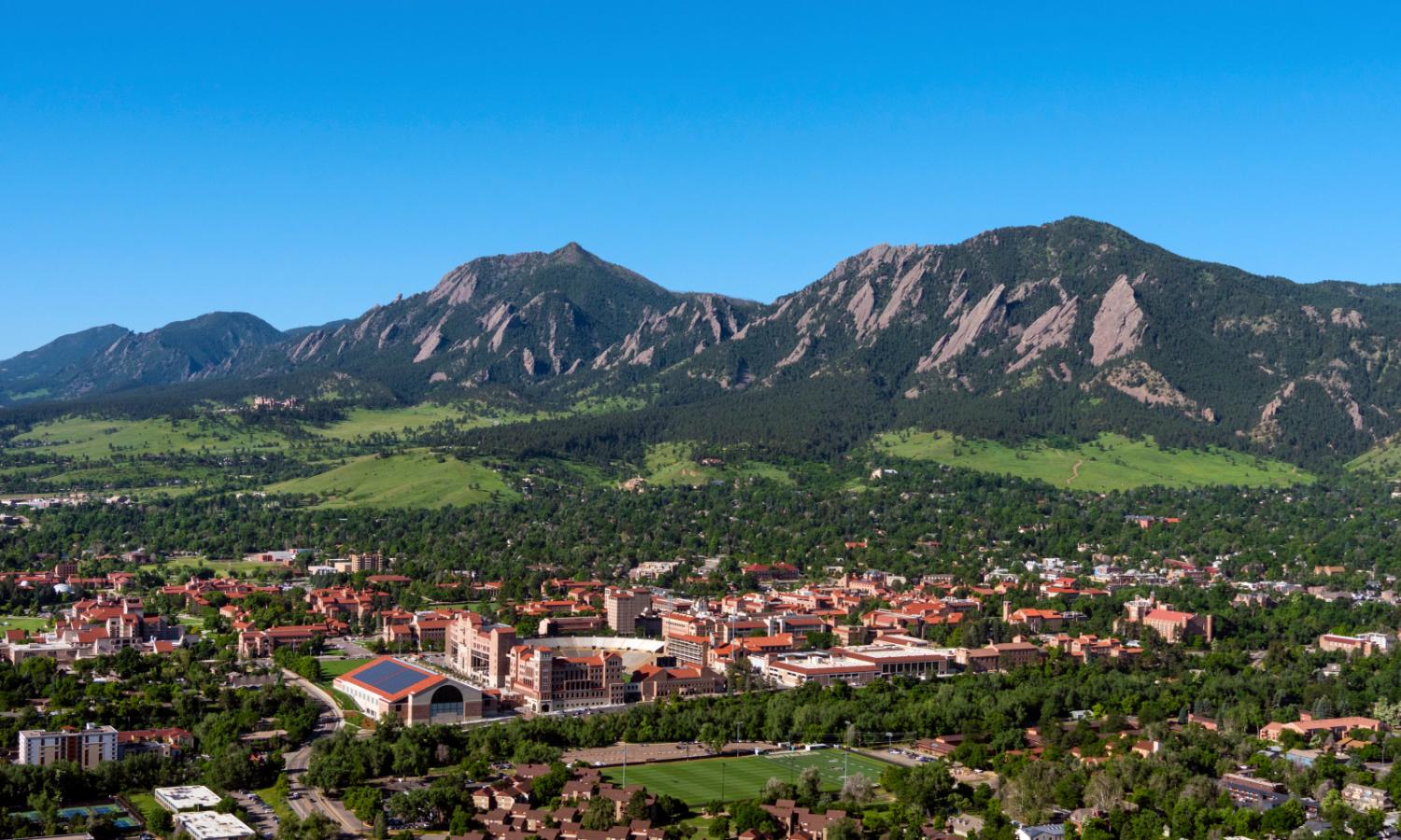 General aerial shot of CU Boulder Campus and the Flatirons