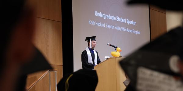 Scholarship recipient Keith Hedlund speaks at graduation