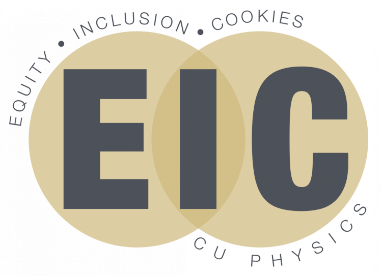 Two overlapping circles with EIC in the middle. Equity, Inclusion, Cookies on the top. CU Physics on the bottom.