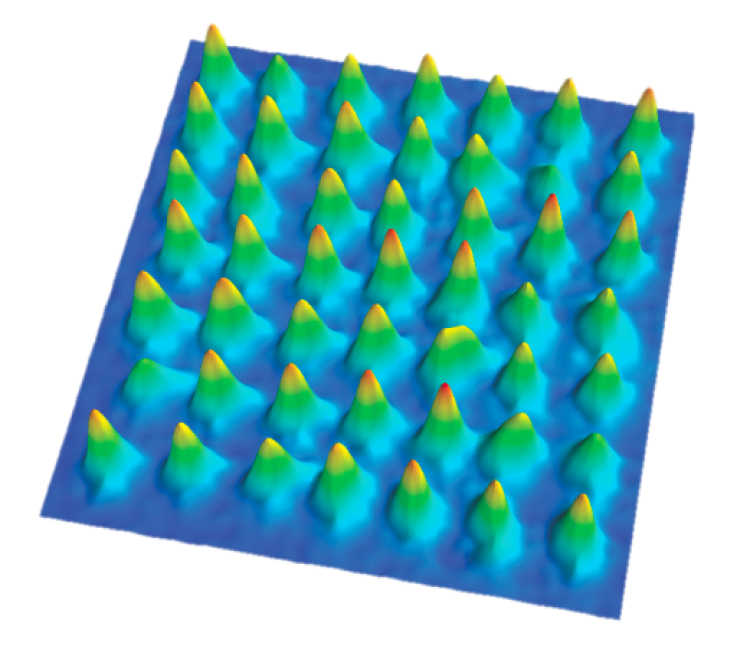 Fluorescence image of an array of 49 trapped atomic qubits.