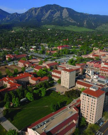 Aerial photo of the flatirons and the Duane Physical Laboratories in the foreground