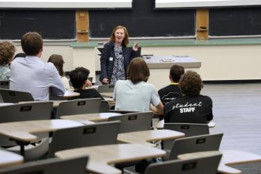 Margaret Murnane presents in a lecture hall