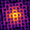 Doughnut-shaped beams of light scatter away from two incredibly small structures with different repeating patterns.