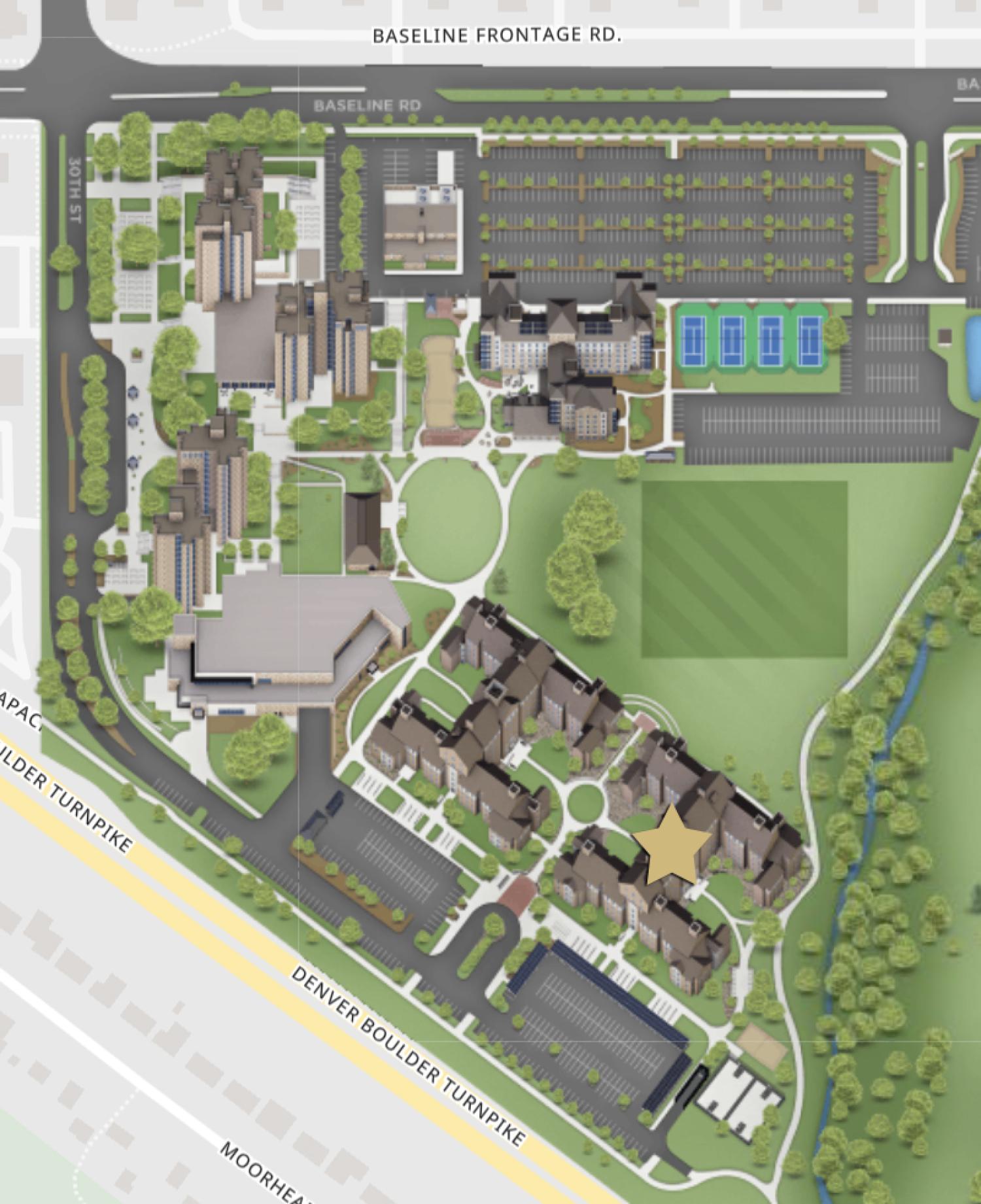 The CU Boulder campus map showing the location of Bear Creek Apartments #2