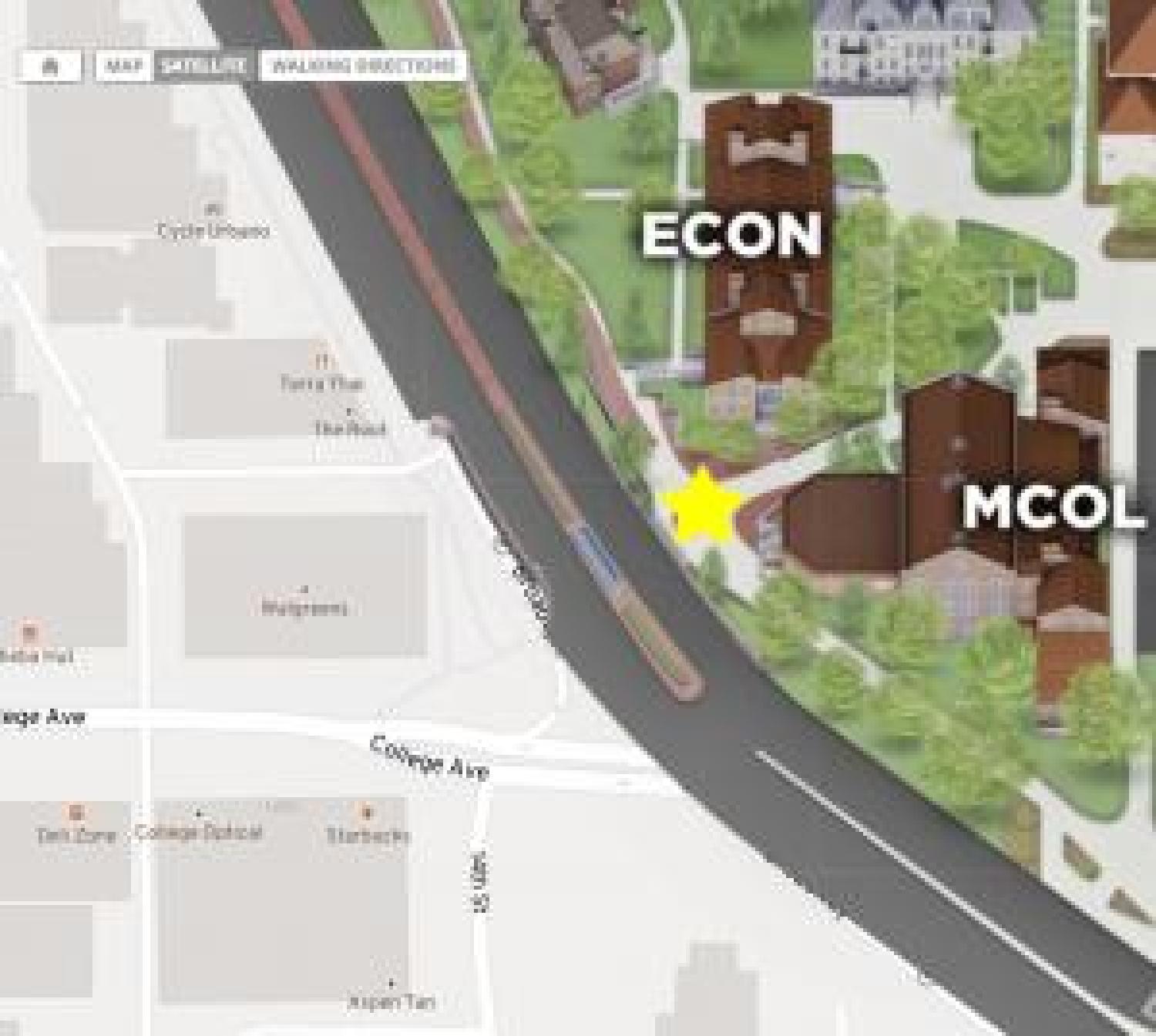 The CU Boulder campus map showing the area near Broadway and College Avenue when the crime occurred.