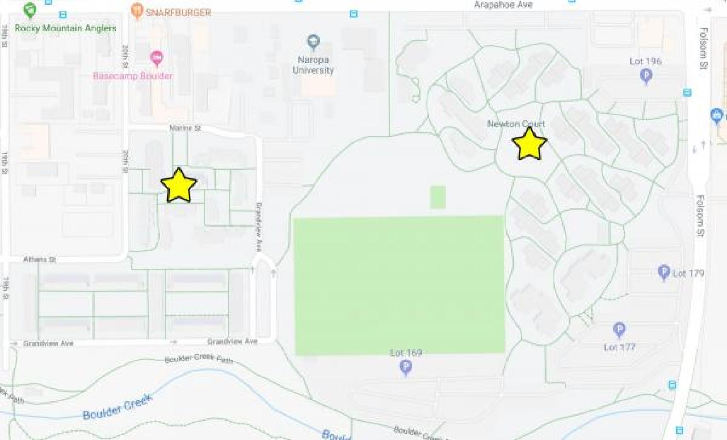 A map showing the two locations of the burglary sites, just north of main campus.