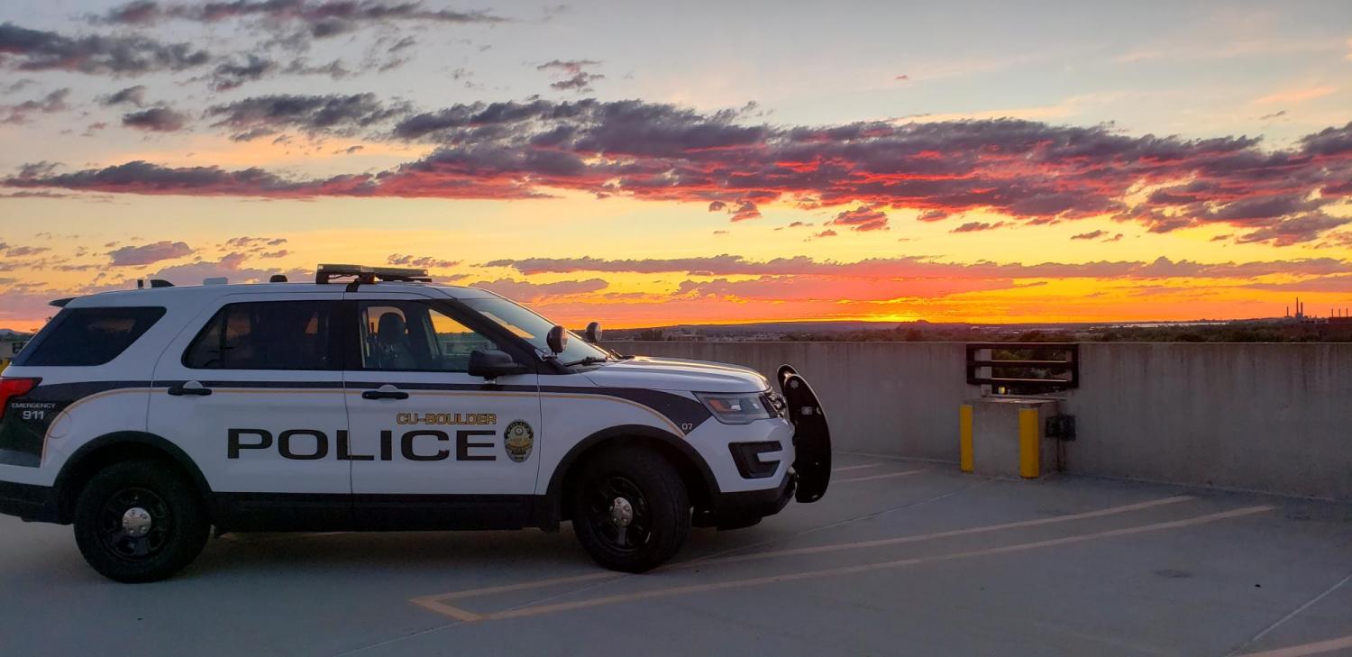 CU Boulder police car at sunrise