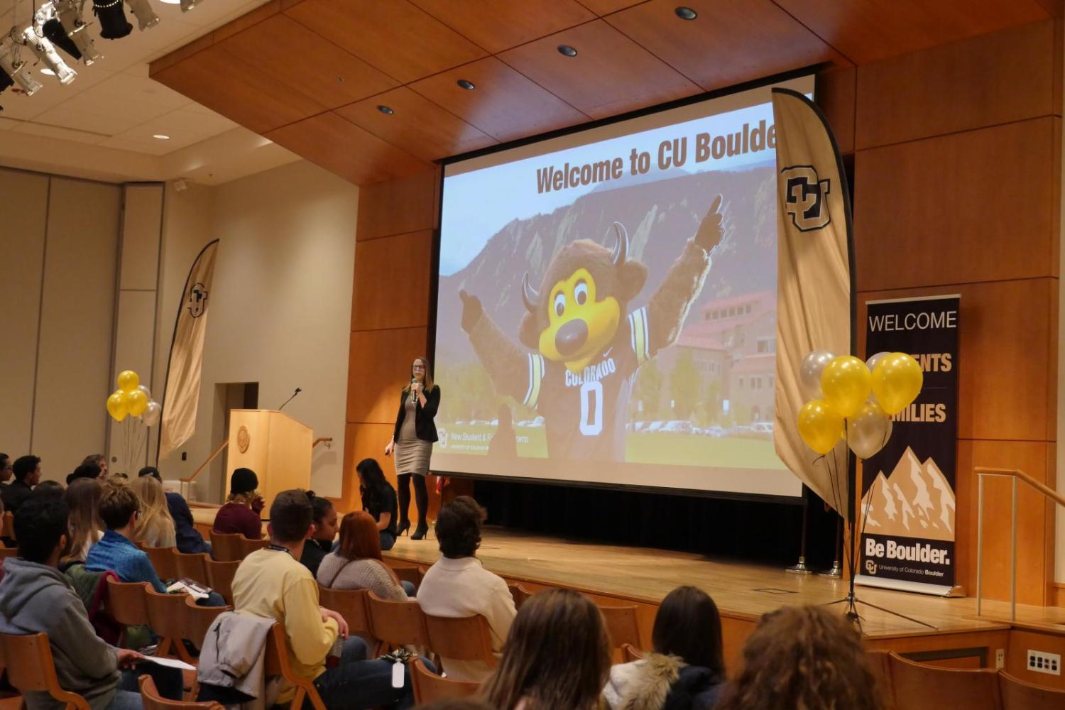 Amber Cardamone, Director of the New Student & Family Programs, addresses the audience during the spring 2018 New Student Welcome Day at the University Memorial Center at the University of Colorado Boulder.