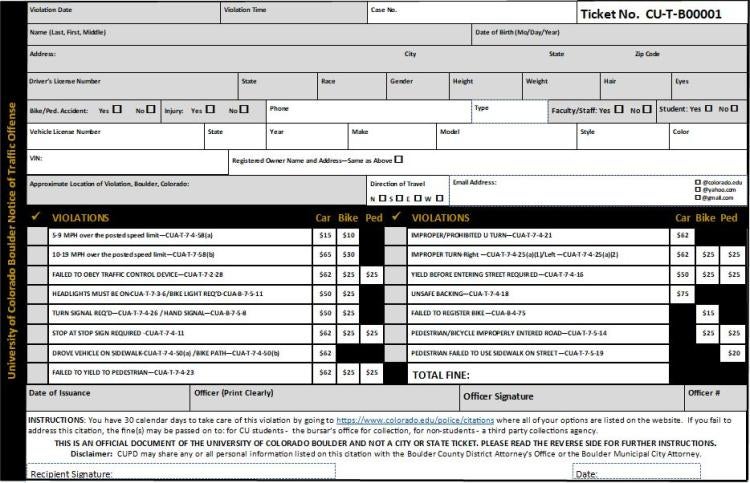 Ticket with the letter “T” in upper-right corner. Image contains information such as violation date, student name, student date of birth and student address.
