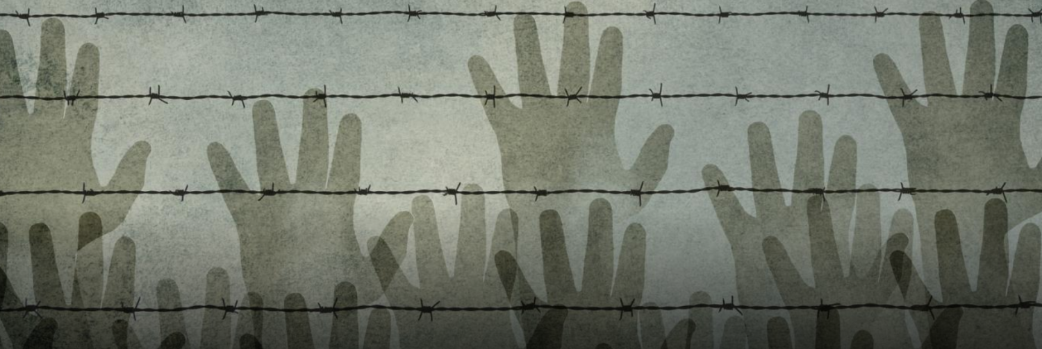 Hands reaching over barbed wire (stylized)